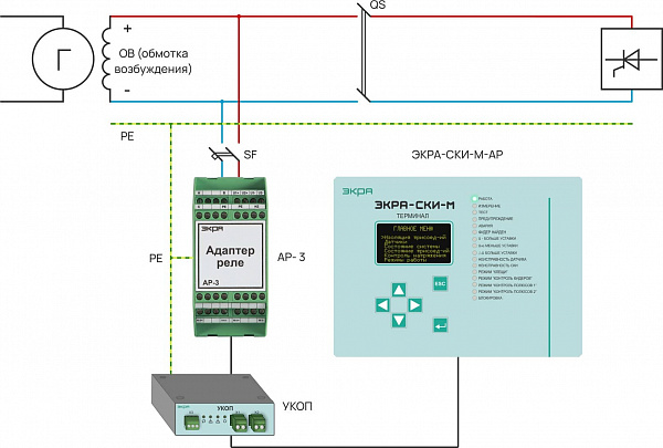 Пример схемы подключения терминала ЭКРА 207 СКИ или ЭКРА-СКИ-М-АР для контроля одной обмотки возбуждения генератора до 650 В